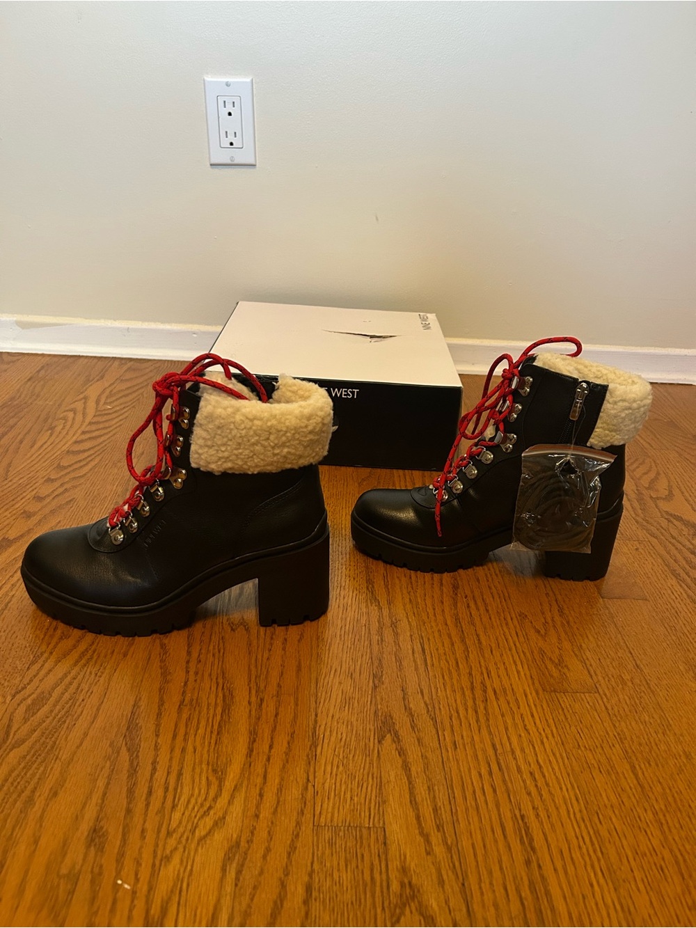 Nine West Black Block Heel Lace-Up Boots with Red Laces